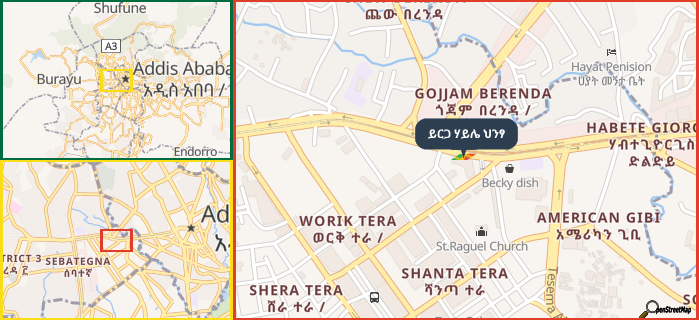 Map showing the address of ይርጋ ሃይሌ ህንፃ in three different zoom levels.