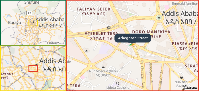 Map showing the address of Arbegnoch Street in three different zoom levels.