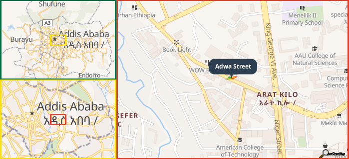 Map showing the address of Adwa Street in three different zoom levels.