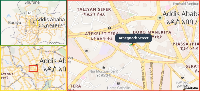 Map showing the address of Arbegnoch Street in three different zoom levels.