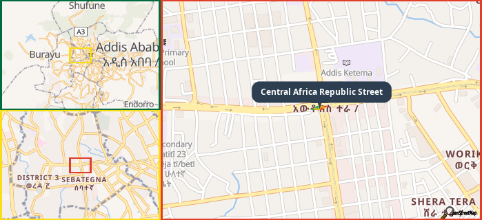 Map showing the address of Central Africa Republic Street in three different zoom levels.