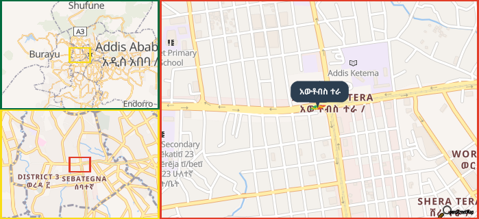 Map showing the address of አውቶብስ ተራ in three different zoom levels.