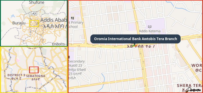 Map showing the address of Oromia International Bank Awtobis Tera Branch in three different zoom levels.