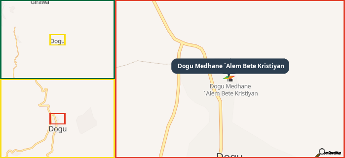 Map showing the address of Dogu Medhane `Alem Bete Kristiyan in three different zoom levels.