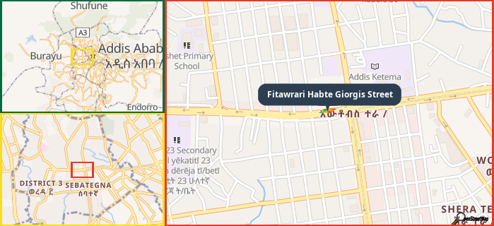 Map showing the address of Fitawrari Habte Giorgis Street in three different zoom levels.