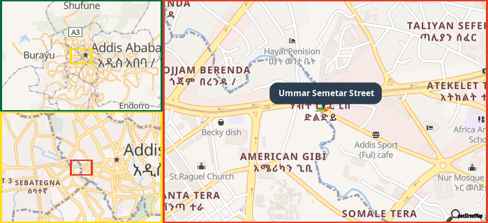 Map showing the address of Ummar Semetar Street in three different zoom levels.