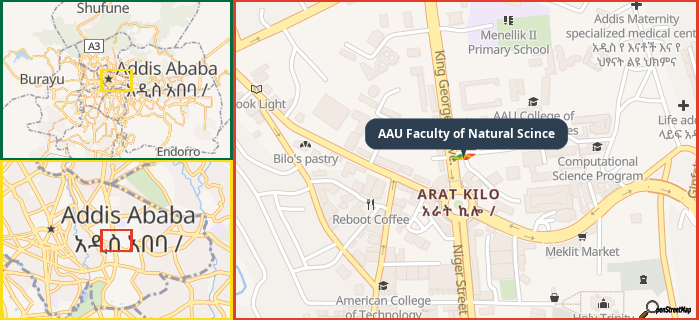 Map showing the address of AAU Faculty of Natural Scince in three different zoom levels.