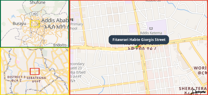 Map showing the address of Fitawrari Habte Giorgis Street in three different zoom levels.