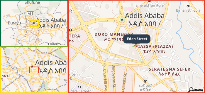 Map showing the address of Eden Street in three different zoom levels.