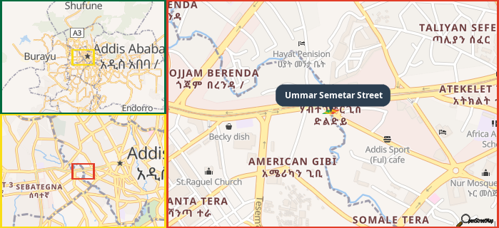 Map showing the address of Ummar Semetar Street in three different zoom levels.