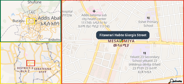 Map showing the address of Fitawrari Habte Giorgis Street in three different zoom levels.