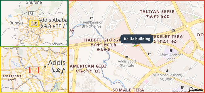 Map showing the address of Kelifa building in three different zoom levels.