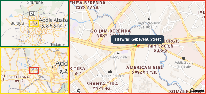 Map showing the address of Fitawrari Gebeyehu Street in three different zoom levels.