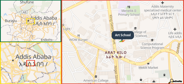 Map showing the address of Art School in three different zoom levels.