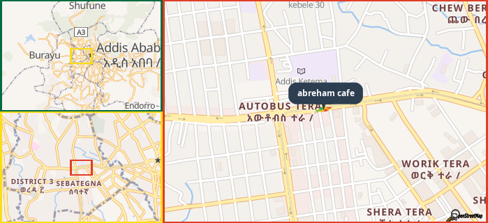 Map showing the address of abreham cafe in three different zoom levels.