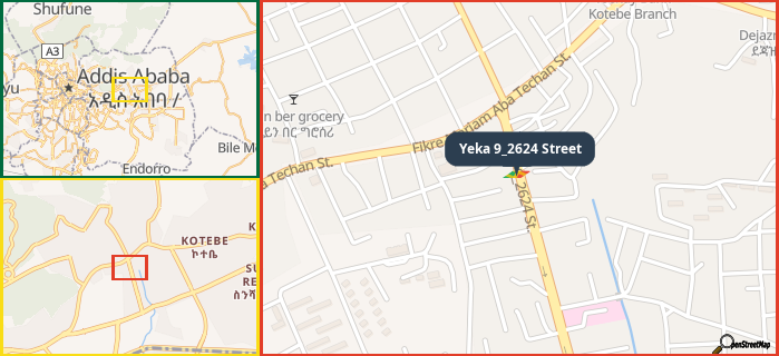 Map showing the address of Yeka 9_2624 Street in three different zoom levels.