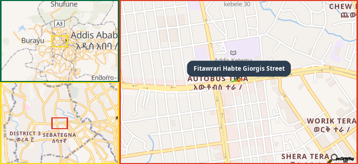 Map showing the address of Fitawrari Habte Giorgis Street in three different zoom levels.