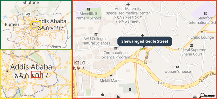 Map showing the address of Shewareged Gedle Street in three different zoom levels.