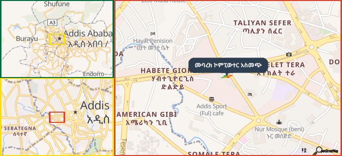 Map showing the address of ሙባረክ ኮምፒውተር አስመጭ in three different zoom levels.