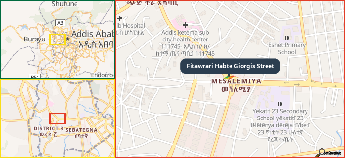 Map showing the address of Fitawrari Habte Giorgis Street in three different zoom levels.