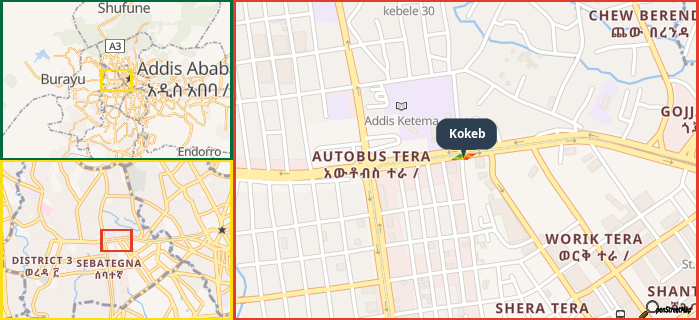 Map showing the address of Kokeb in three different zoom levels.