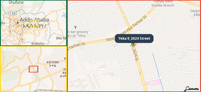 Map showing the address of Yeka 9_2624 Street in three different zoom levels.