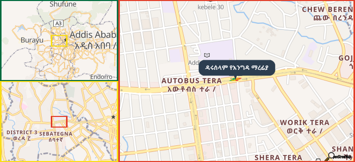 Map showing the address of ዳሩሰላም የእንግዳ ማረፊያ in three different zoom levels.