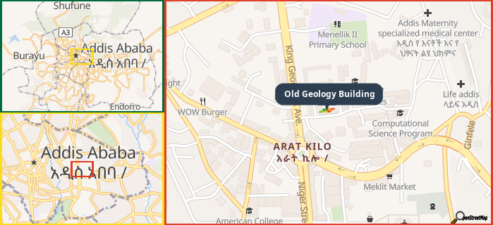 Map showing the address of Old Geology Building in three different zoom levels.