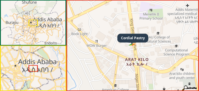 Map showing the address of Cordial Pastry in three different zoom levels.