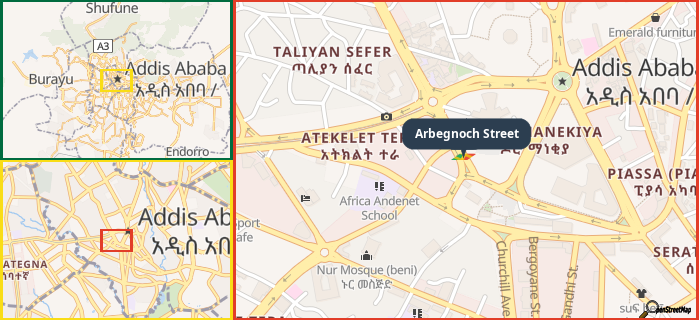 Map showing the address of Arbegnoch Street in three different zoom levels.