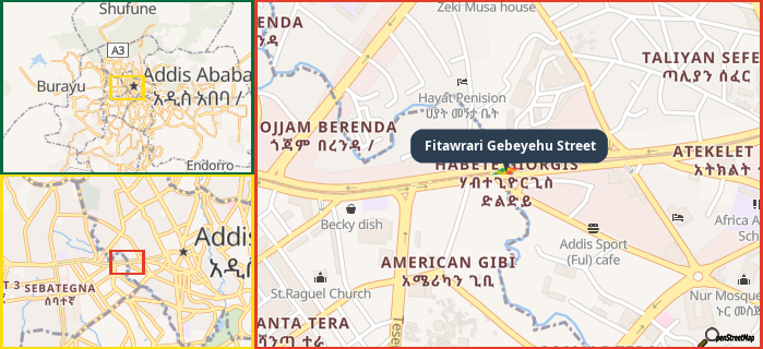 Map showing the address of Fitawrari Gebeyehu Street in three different zoom levels.