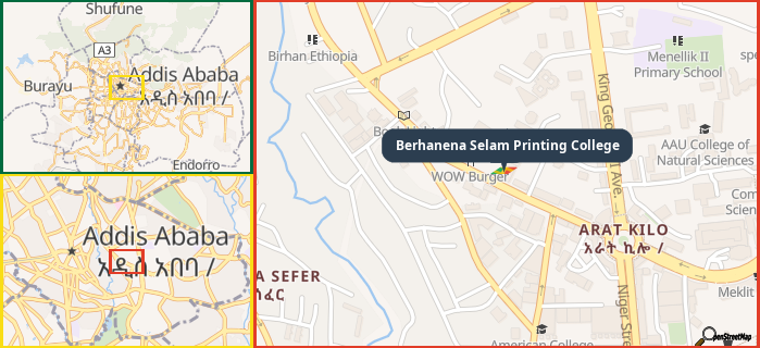 Map showing the address of Berhanena Selam Printing College in three different zoom levels.