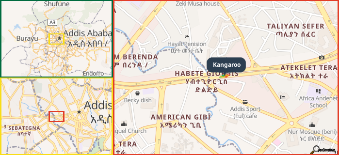 Map showing the address of Kangaroo in three different zoom levels.