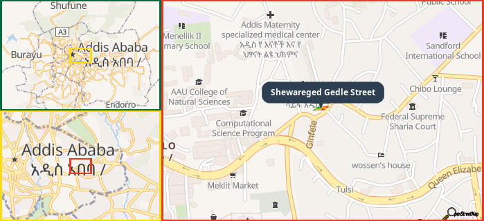 Map showing the address of Shewareged Gedle Street in three different zoom levels.