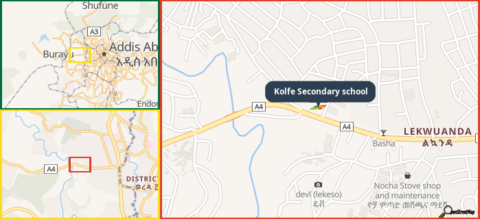 Map showing the address of Kolfe Secondary school in three different zoom levels.