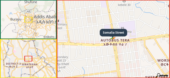 Map showing the address of Somalia Street in three different zoom levels.