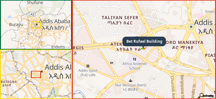 Map showing the address of Bet Rufael Building in three different zoom levels.