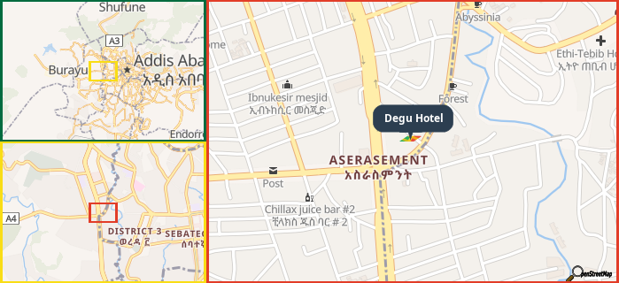 Map showing the address of Degu Hotel in three different zoom levels.