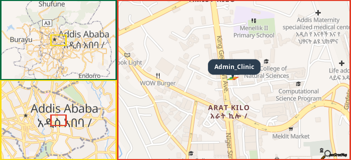 Map showing the address of Admin_Clinic in three different zoom levels.