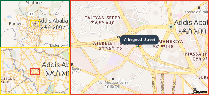 Map showing the address of Arbegnoch Street in three different zoom levels.