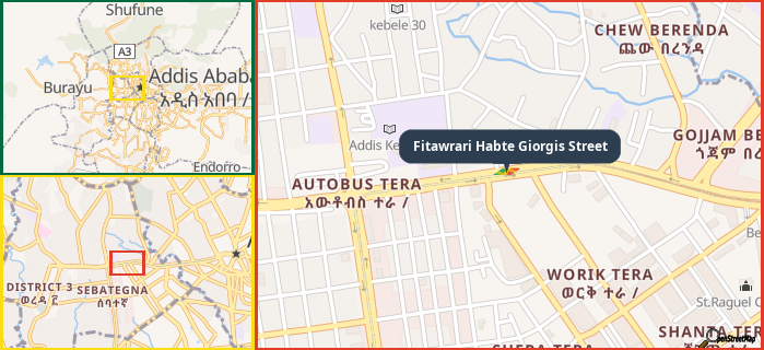 Map showing the address of Fitawrari Habte Giorgis Street in three different zoom levels.