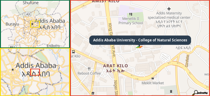 Map showing the address of Addis Ababa University - College of Natural Sciences in three different zoom levels.