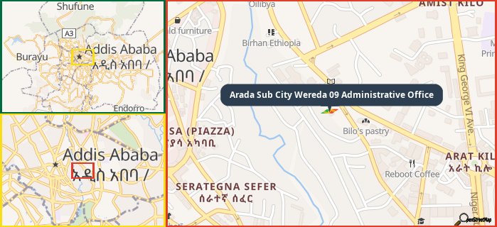 Map showing the address of Arada Sub City Wereda 09 Administrative Office in three different zoom levels.