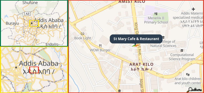 Map showing the address of St Mary Cafe & Restaurant in three different zoom levels.