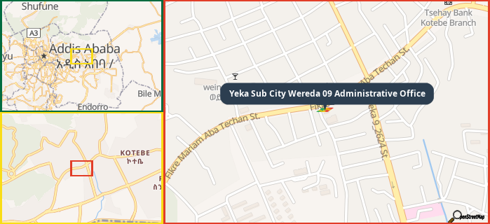 Map showing the address of Yeka Sub City Wereda 09 Administrative Office in three different zoom levels.