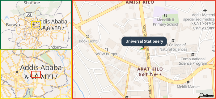 Map showing the address of Universal Stationery in three different zoom levels.