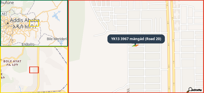 Map showing the address of YK13 3967 mängäd (Road 20) in three different zoom levels.