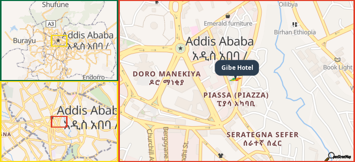 Map showing the address of Gibe Hotel in three different zoom levels.