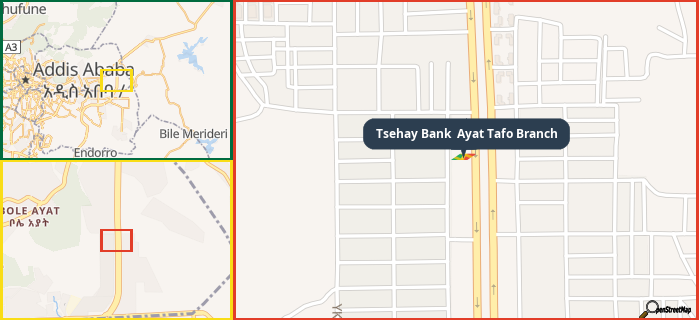 Map showing the address of Tsehay Bank  Ayat Tafo Branch in three different zoom levels.