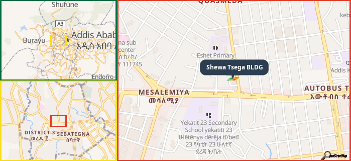 Map showing the address of Shewa Tsega BLDG in three different zoom levels.